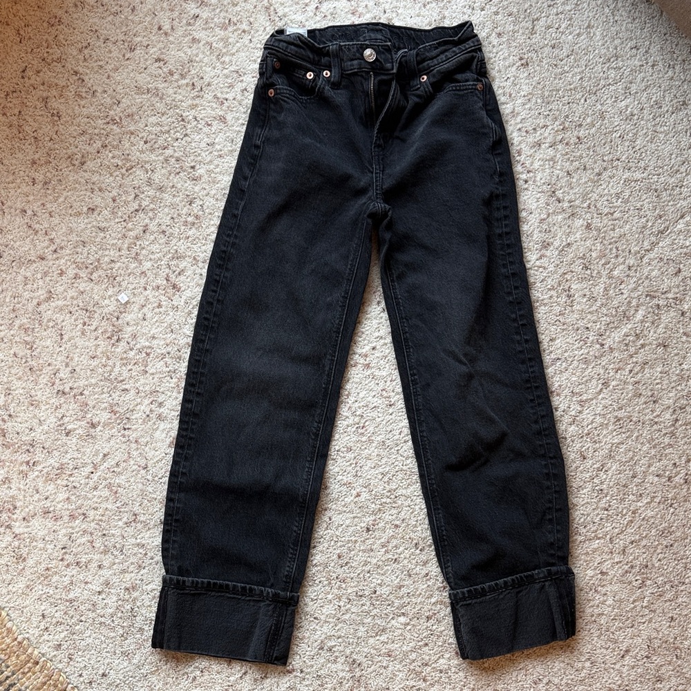 American Eagle 000 Stovepipe Black Jeans with Cuffed Hem
